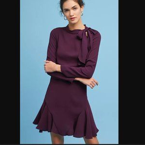 Anthropologie Shoshanna Cadham Bordeaux Crepe Ruffled Tie-Neck Dress